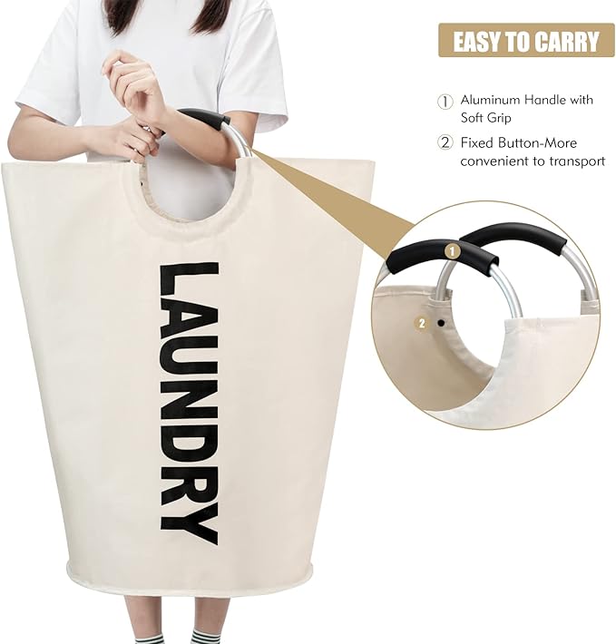 90L Large Laundry Basket, Freestanding Tall Clothes Hamper, Collapsible Laundry Bag, Beige