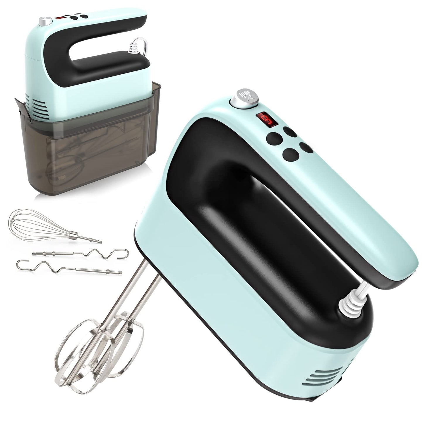 Yomelo 9-Speed Digital Hand Mixer Electric, 400W Powerful DC Motor, Hand Mixer Electric Handheld with Snap-On Storage Case, 5 Stainless Steel Accessories, Beaters, Dough Hooks, Whisk(White/Black)