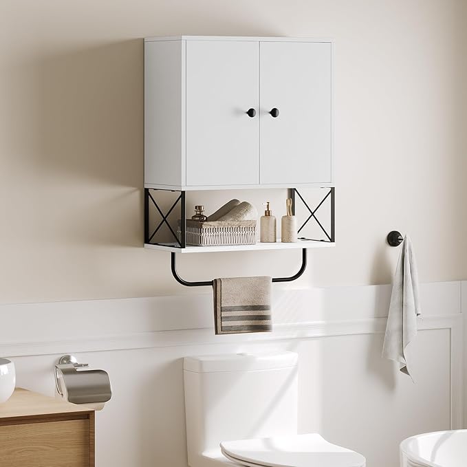 Bathroom Wall Cabinet with 2 Door and Adjustable Shelf, Farmhouse Medicine Cabinet with Towel Rack, 3-Tier Wall Mounted Storage Cabinet Over The Toilet for Bathroom, 18.9" L, White