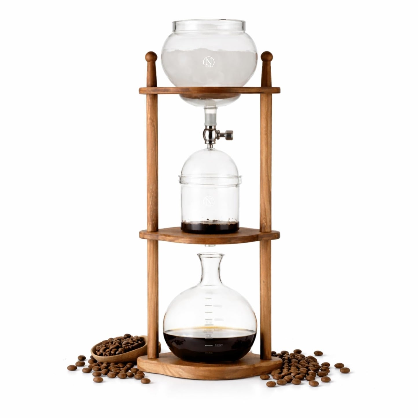 Nispira Cold Brew coffee Maker Ice Coffee Drip Machine with Advanced Slow Drip Technology Borosilicate Glass with Wood Tower, 6-8 Cup, Brown