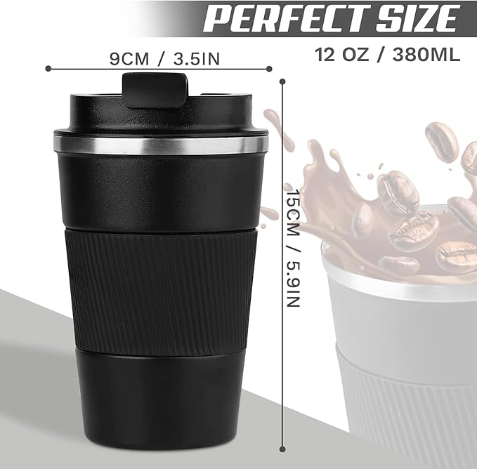Vacuum-Insulated Stainless Steel Travel Coffee Mug, Leak-Proof Reusable Coffee Cup with Lid - Keep Hot & Cold Drinks for Hours, Durable Insulated Tumbler for Men & Women(3rd-Black, 12OZ)