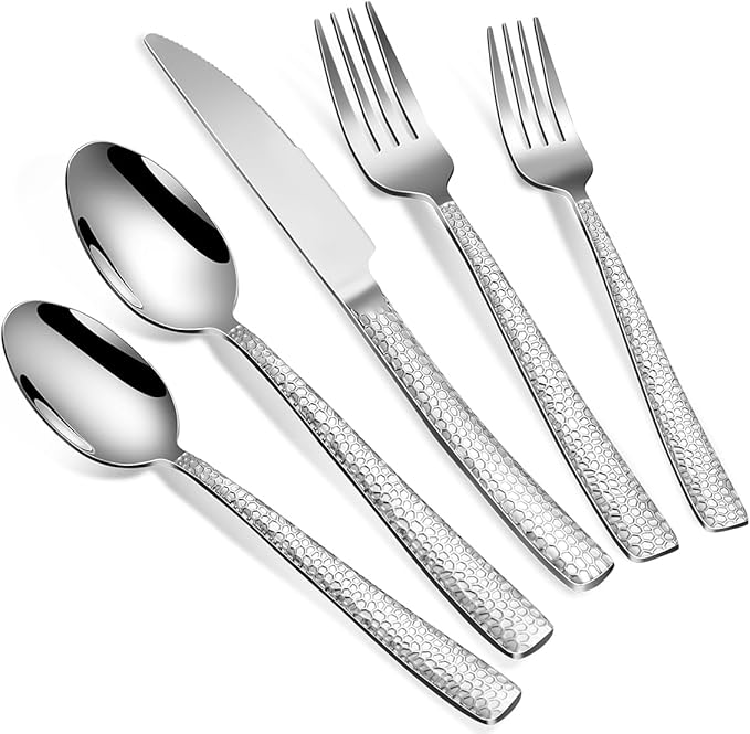 Large Hostess Serving Utensils Set, Stainless Steel Heavy Duty Hammered Serving spoons, Slotted Spoons, Serving Fork, Cake Server, Butter Knife, Dishwasher Safe（Black）