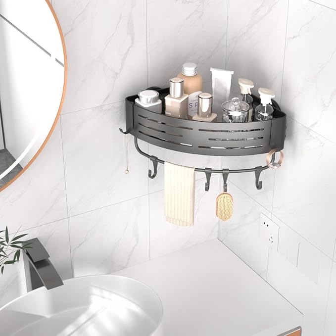 Onemake Corner Shower Caddy Suction Cup, Aluminum Wall Mounted Organizer Shelves Storage Rack with Towel Bar for Small Bathroom Grey