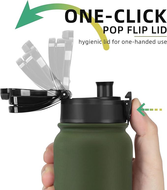 Fanhaw 20 oz Insulated Stainless Steel Water Bottle with Anti-Dust Chug Lid & Carabiner Lid, Leakproof Vacuum Metal Bottle for Kids, Women & Men (Olive Green)