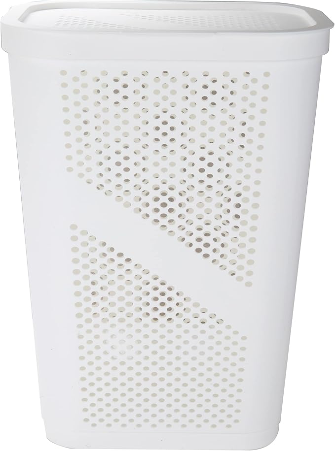Mind Reader Slim Laundry Hamper with Lid, 60L Clothes Basket, Ventilated Plastic, White