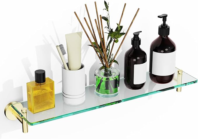 Glass Shelves for Bathroom,20-Inch Brushed Gold Floating Bathroom Shelf Stainless Steel Tempered Glass Shelf Modern Shelves Wall Mounted