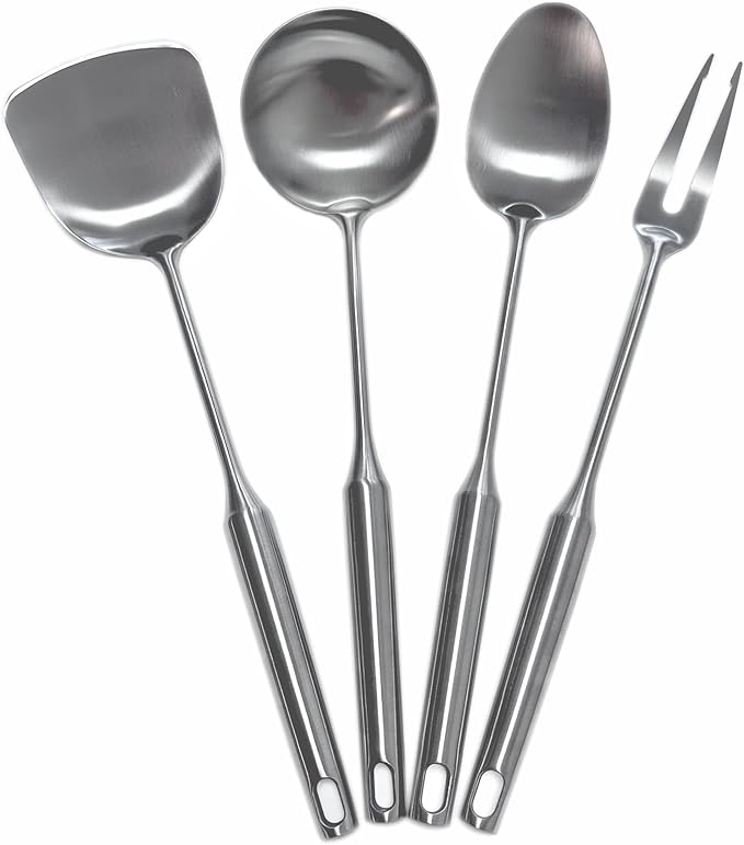304 Stainless Steel Cooking Utensil Set 4-Piece Kitchen Utensils with Extra-Long Handles, Spatula,Ladle,Slotted Spoon,Slotted Spatula,One-Piece Construction, Ideal for Wok, Grilling, and Gifting