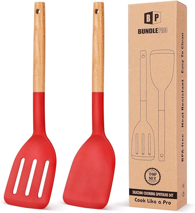 Pack of 2 Silicone Cooking Spatula, Heat Resistant Solid Turner, Non Stick Slotted Spatulas with Wooden Short Handle,Ideal Wood Kitchen Utensils Set for Frying, Baking, Flipping, Turning