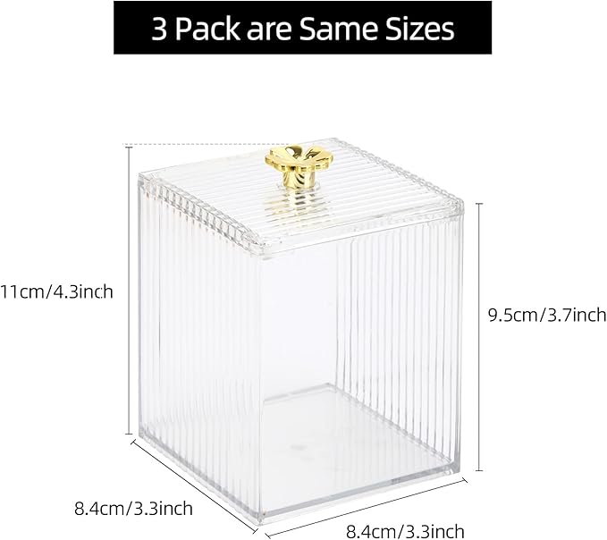Tecbeauty 3PCS Qtip Holder Bathroom Organizer and Storage Containers Plastic Apothecary Jars Dispenser with Lids for Cotton Swab, Cotton Round Pads, Floss
