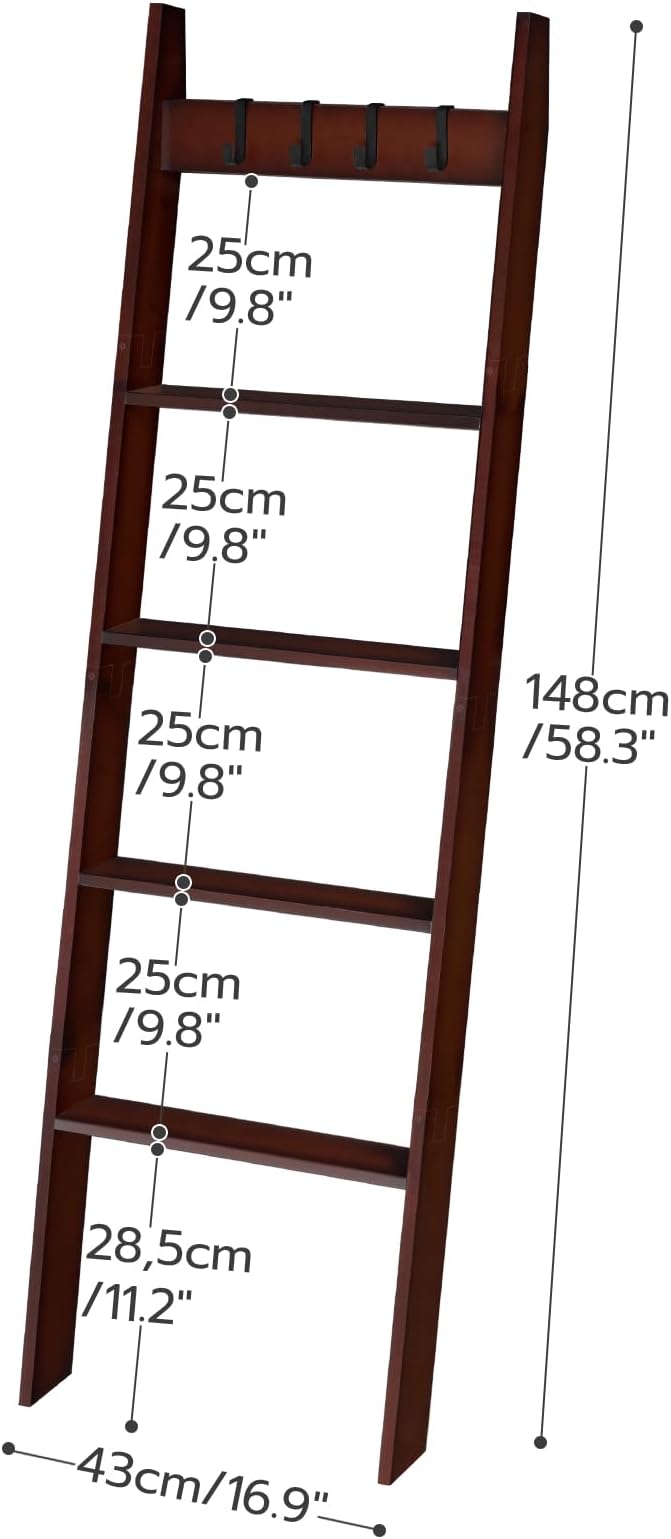 HOOBRO Blanket Ladder for Living Room and Bedroom, 5-Tier Wall Leaning Towel Rack for Bathroom, Decorative Ladder Shelf with 4 Removable Hooks, Farmhouse Blanket Storage, Brown BR51CJ01G1