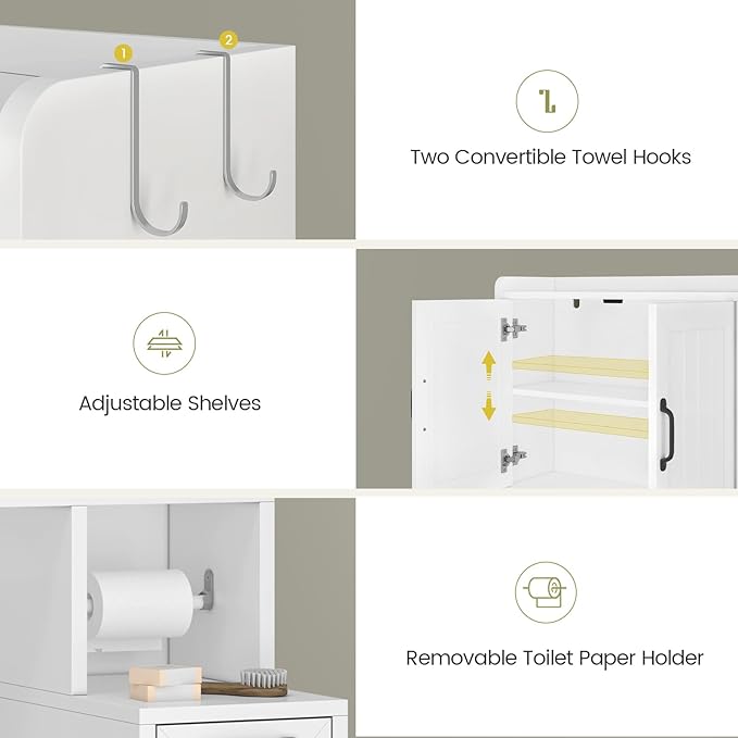 Over The Toilet Storage Cabinet with Pulley Small Bathroom Storage Cabinet, Space Saver W/Adjustable Shelf & Open Shelf for Bathroom, Restroom, Laundry (White-Type A)