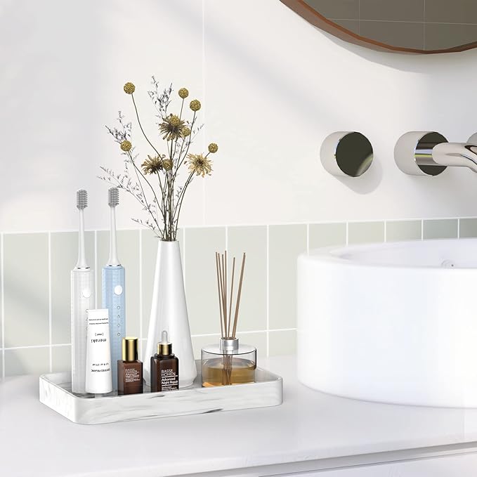 Gurygo 10" Vanity Tray for Bathroom - Hand Towel Tray Organizer for Paper Napkins - Bathroom Vanity Counter Organization - Ceramic Soap Dispenser Tray for Kitchen Counter (Marble White, Set/1)…