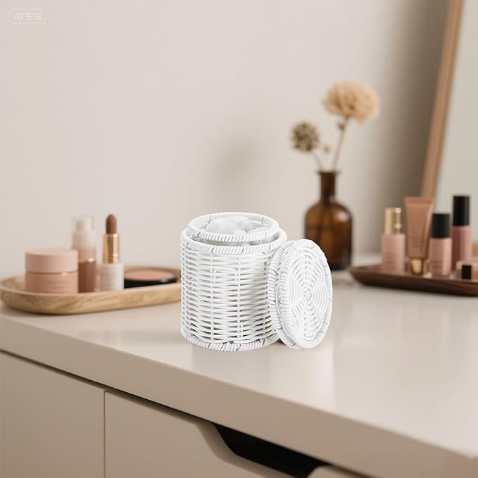 Rattan Jars,Decorative Storage Boxes with Lids,Rattan Bathroom Accessories,Rattan Desk Organizer,for Office,Dressing Table,Dental floss picks, cotton swab holders Home Decoration,White（DP056）
