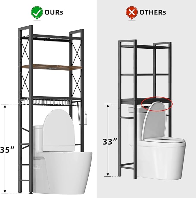 Over The Toilet Storage with X Shape Side Guardrail, 3-Tier Over Toilet Storage Rack with Drain Basket, Freestanding Bathroom Organizer for Balcony Laundry, Vintage Brown