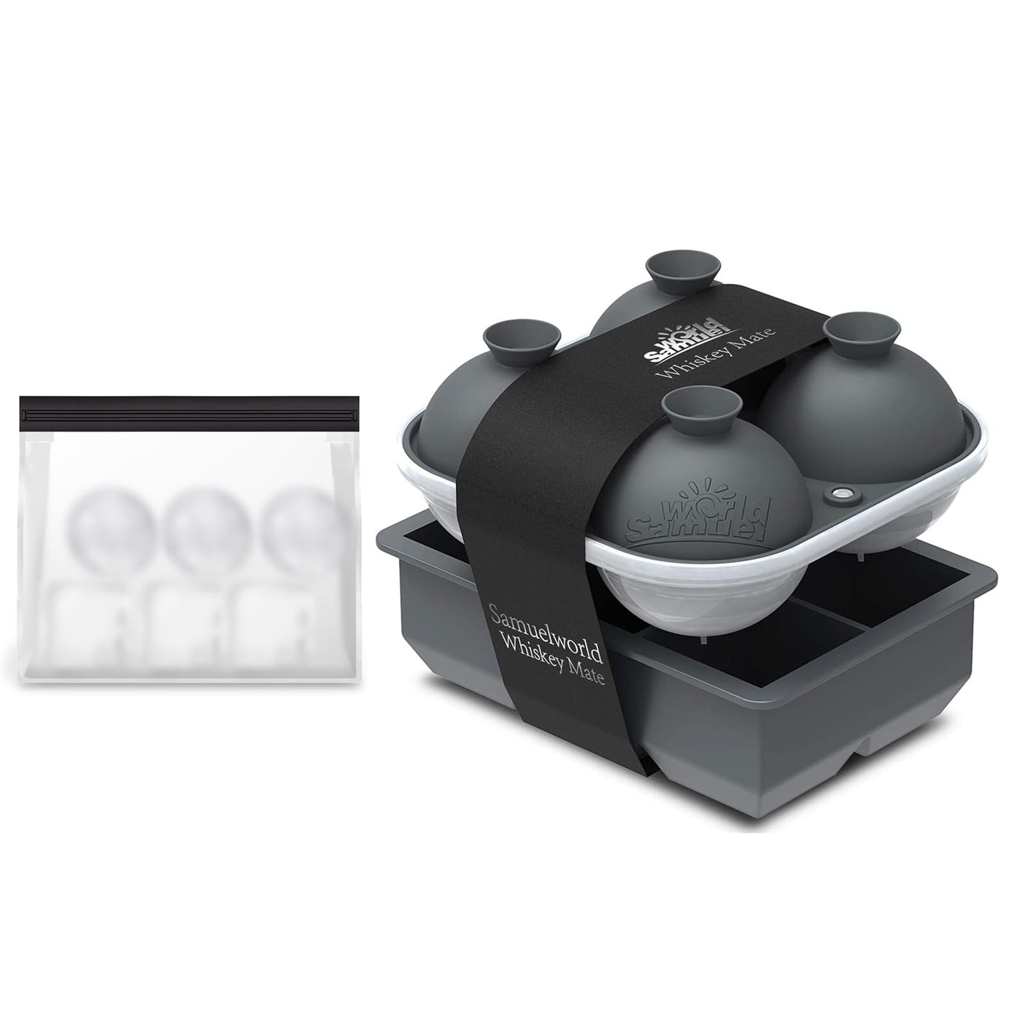Samuelworld Premium Ice Tray Combo, Large Ice Sphere Maker & Giant Ice Cube Trays, 2 Packs, Food Grade, Easy To Use, Spill-Free Integrated Funnels, Whiskey Bourbon Cocktails (Black)