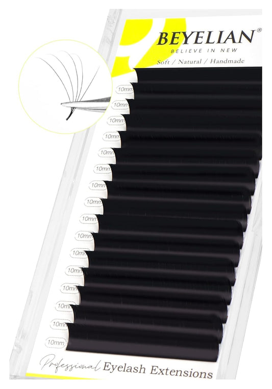 BEYELIAN Eyelash Extension 0.05 D+ Curl 10mm Tray Easy Fan Lash Extensions Volume Lashes 100°/212°F High Temperature Resistant Classic Professional Use Natural Matte Black (0.05 D+ 10mm)