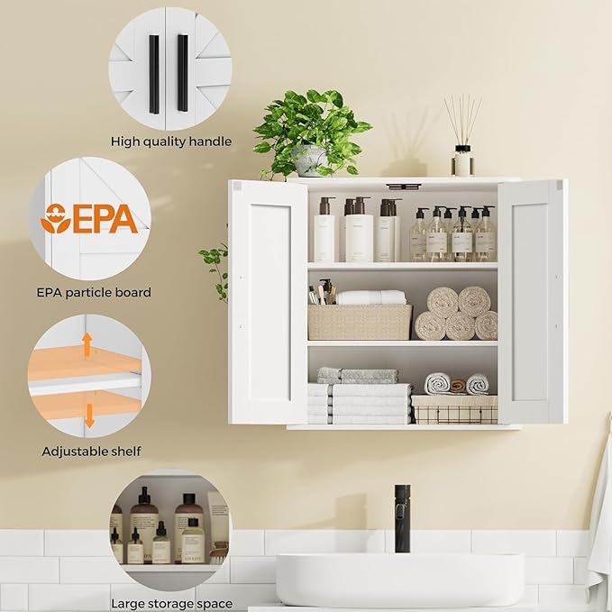 Bathroom Wall Cabinet, Over Toilet Storage Cabinet with Barn Doors and Adjustable Shelves, 3-Tier Medicine Cabinet Wall Mounted, for Bathroom, Kitchen, Entryway, Laundry Room, White, (11.8" D)