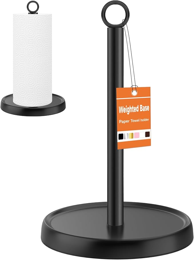 Paper Towel Holder Countertop, Stainless Steel, Weighted Base, Anti-Slip, Black Paper Towel Holder Stand for Kitchen Bathroom Farmhouse Essentials Decor Accessories
