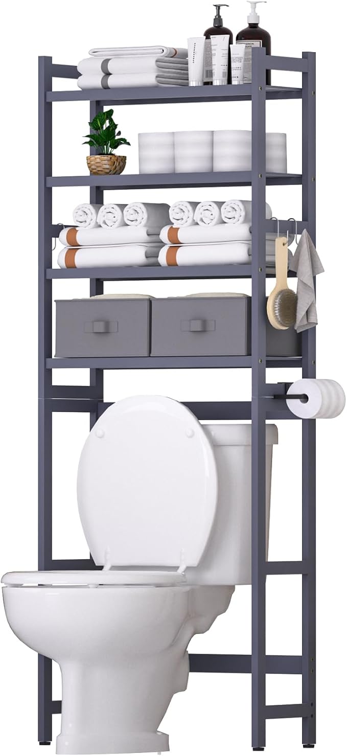 Over The Toilet Storage with 2 Baskets, 4-Tier Bamboo Organizer Rack with Paper Holder & 4 Hooks & Waterproof Feet Pad,Freestanding Shelf for Bathroom(Grey)