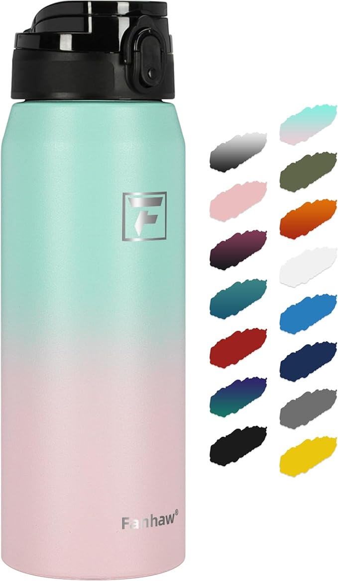 Fanhaw 24 oz Insulated Stainless Steel Water Bottle with Anti-Dust Chug Lid, Leakproof Vacuum Metal Bottle for Kids, Women & Men (Green Pink)