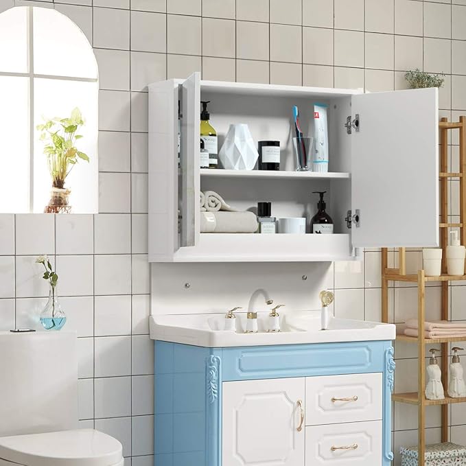 Tangkula Bathroom Medicine Cabinet, 2-Tier Wall-Mounted Storage Cabinet with Double Mirror Doors, Multipurpose Kitchen Bathroom Medicine Storage Cabinet, White (22" x 18")