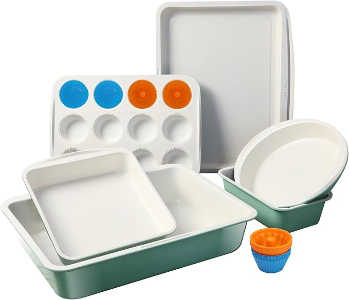Ymiton Ceramic Nonstick Baking Pans Set, Non Toxic 33 PCS Stackable Bakeware Sets, 550°F Oven Safe Baking Sheet & Pans, Warp-Free, Dishwasher Safe, PTFE/PFOA/PFOS-Free (Blue)