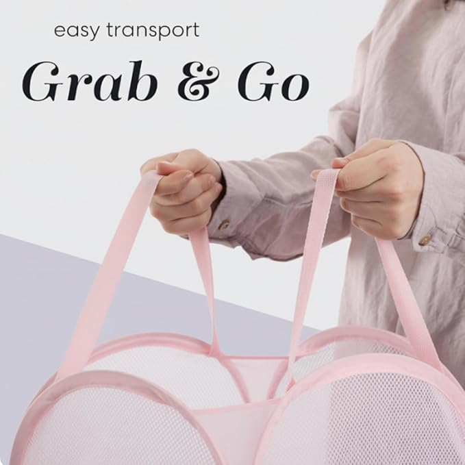 Handy Laundry Collapsible Mesh Pop Up Hamper with Wide Opening and Side Pocket - Breathable, Sturdy, Foldable, and Space-Saving Design for Clothes and Storage (Pink)