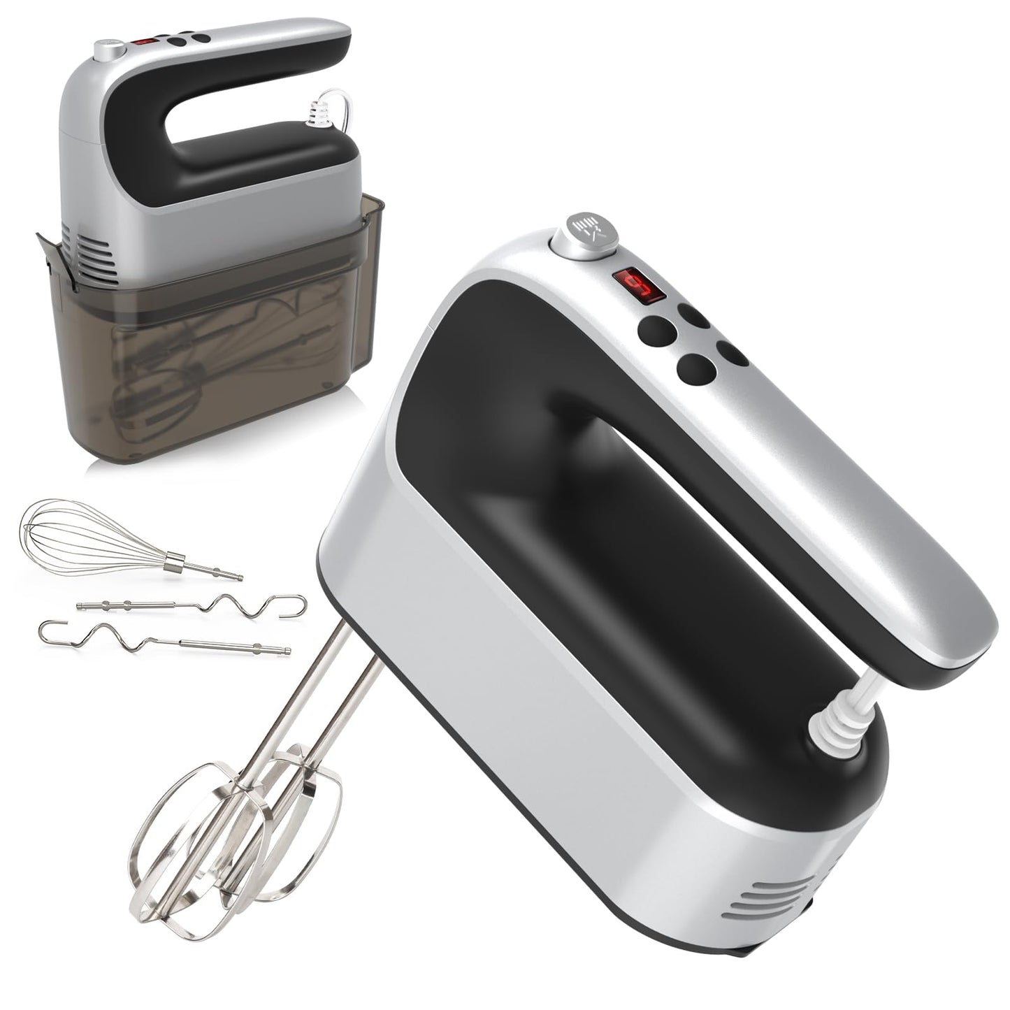 Yomelo 9-Speed Digital Hand Mixer Electric, 400W Powerful DC Motor, Hand Mixer Electric Handheld with Snap-On Storage Case, 5 Stainless Steel Accessories, Beaters, Dough Hooks, Whisk(White/Black)