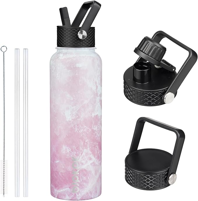 BJPKPK Insulated Water Bottles with Straw Lid, 40oz Stainless Steel Water Bottles with 3 Lids, BPA Free Leakproof Thermo, Tumblers, Cups for Sports, Gym- Blossom