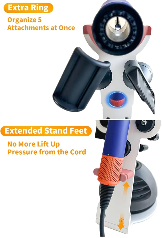Hair Dryer Holder Stand for Dyson Hair Dryer, Upgraded Dyson Hair Dryer Holder Dyson Hair Dryer Stand Pink to Store 5 Dyson Hair Dryer Attachments with Cable Hook