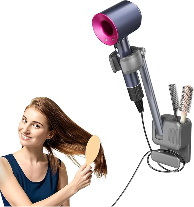 Hands Free Hair Dryer Holder Wall Mount, Adjustable Bathroom Blower Dryer Holder Wall Mounted Hook Rack, Vanity Cabinet Door Hanger Storage, Suitable for Most Walls, Hair Dryers, with Cord Organizer