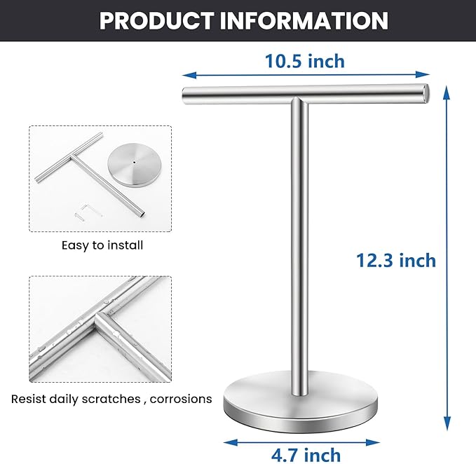 T-Shape Bath Hand Towel Holder Stand, Stainless Steel Free Standing Hand Towel Rack with Heavy Base, for Bathroom Kitchen & Countertop, Silver