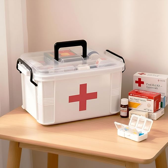 15QT Clear Medicine Organizer Box with Handle, Plastic Medicine Container with Tray First Aid Box Empty, Thickened Medicine Storage Organizer Multipurpose Medication Organizer Storage, White