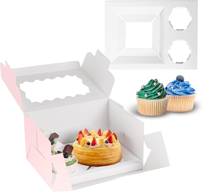 JCD 9 Holes Fit 8 Cupcakes and 1 Mini Cake Box Combo,8 sets of Cake Boxes, Pastry Sweets Bento Box, Cupcake Combo Box with Stickers(1+8/8pcs)