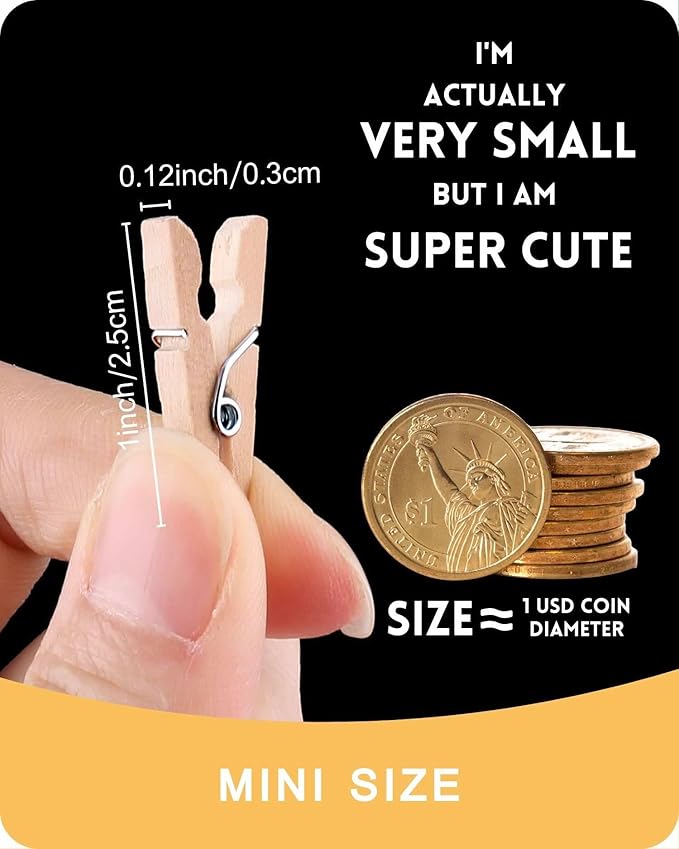 Mini Clothes Pins for Photo, Natural Small Wooden Clothespins 1 Inch Tiny Wood Decorative Clips Bulk, 33FT Jute Twine and Clothespins for Crafts Photos Pictures Baby Shower Game Classroom, 250 PCS
