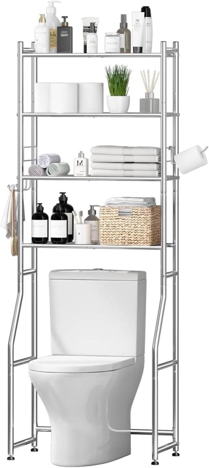 Over The Toilet Storage Cabinet, Metal 4 Tier Bathroom Shelves Over Toilet, Bathroom Oragnizer with 4 Hooks and Paper Holder, Chrome