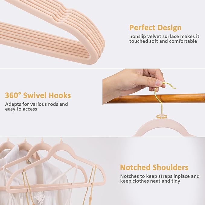 Velvet Hangers, Set of 30 Pack Clothes Hanger with 360° Swivel Gold Hook, Non-Slip, and Space-Saving, 0.2-Inch Thick, 17.7-Inch Long for Coat, Shirt, Dress, Pants - Pink