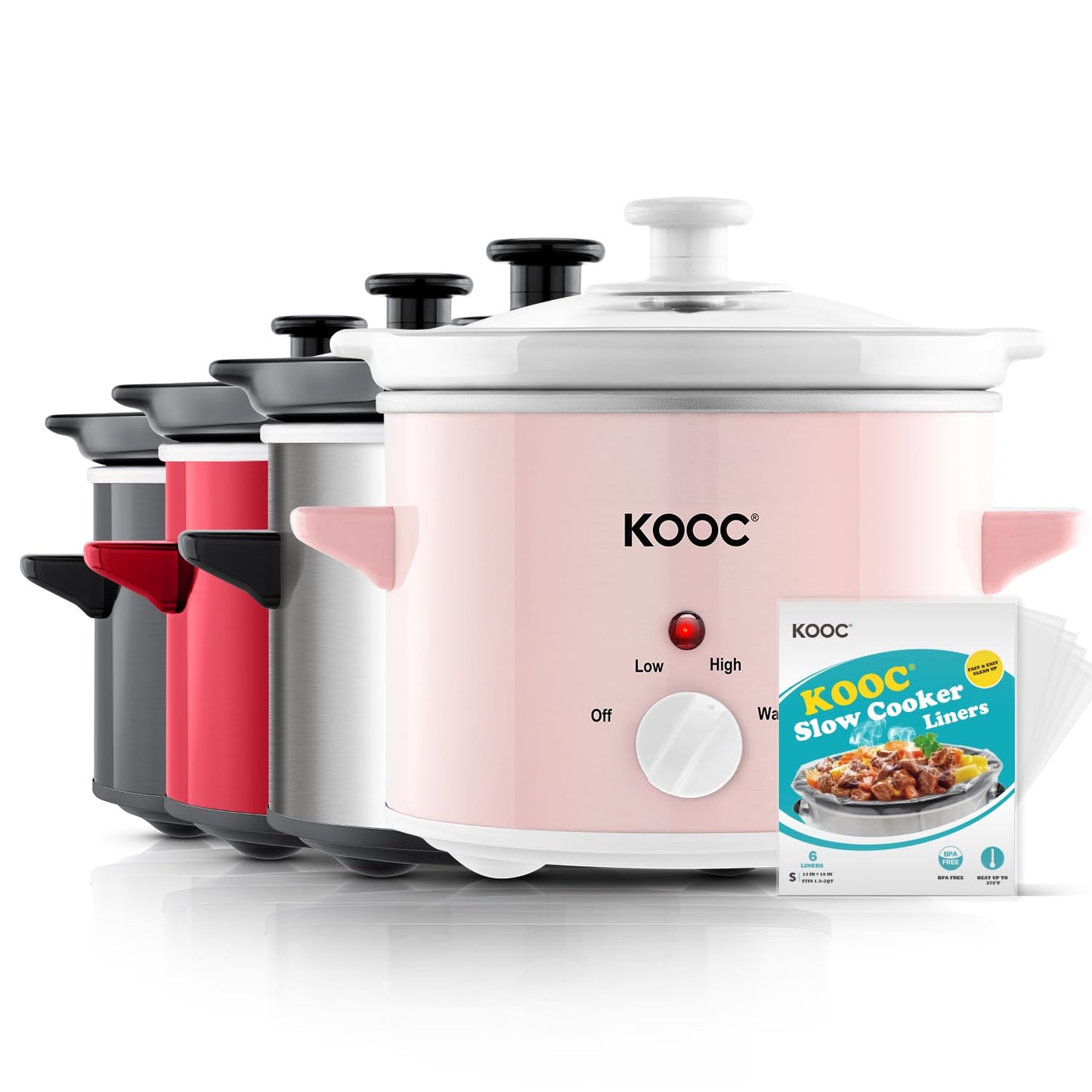 KOOC 2QT Slow Cooker with Free Liners Included, Small Slow Cooker, Silver