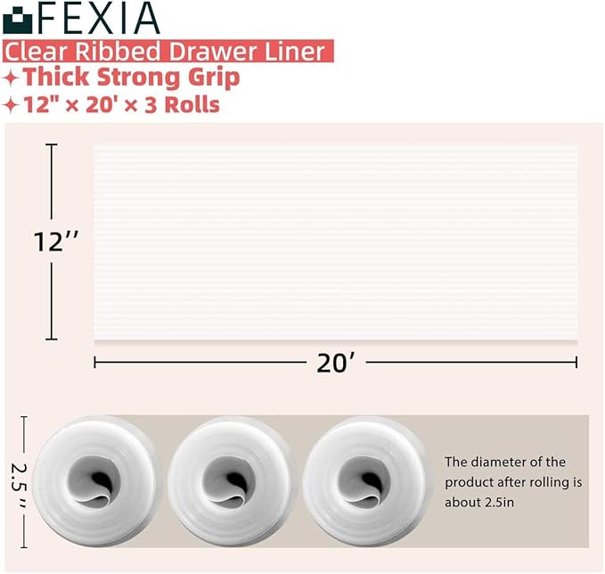 FEXIA 3 Rolls Shelf Liners for Kitchen Cabinets Non-Slip Drawer Liner 12 Inches x 20 FT Waterproof & Oil-Proof Non Adhesive Durable Material Fridge Liner for Shelves