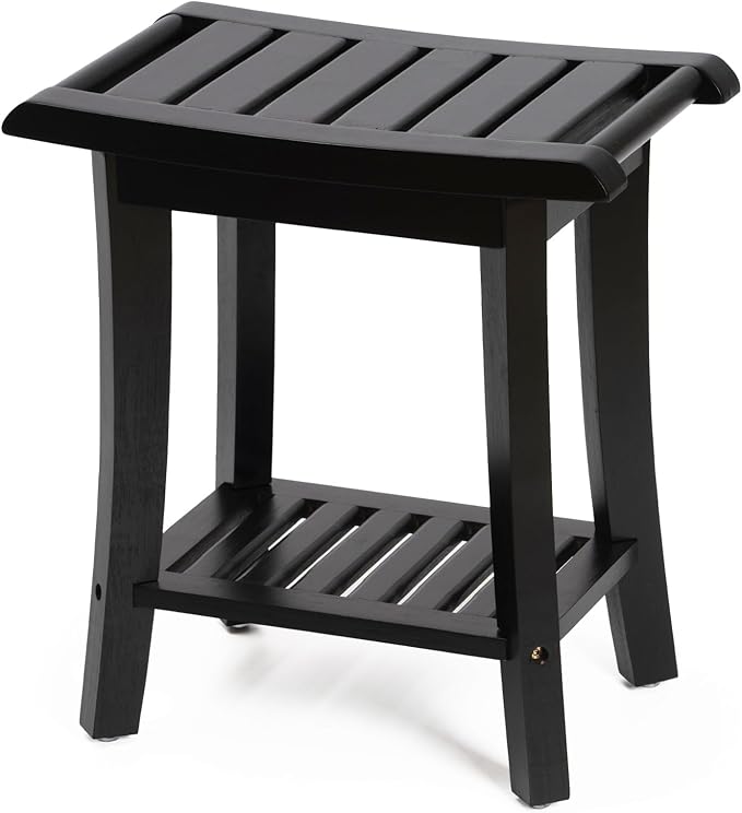 Bamboo Shower Bench Inside Shower Stool with Storage Shelf, Spa Bath Chair for Bathroom, Seat or Organizer for Living Room, Bedroom and Garden - Great for All Ages Unisex Elderly (Small, Black)