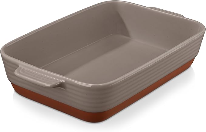 MALACASA Large 9x13 Ceramic Baking Dish with Handles, 4.8 Qt, Khaki & Pink