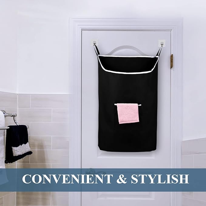 The Fine Living Co. Large Hanging Laundry Hamper with Over Door Hooks & Adhesive, Durable Space Saving Laundry Bag with Zipper and Wide Open Top, Hanging Dorm Laundry Hamper 18"x4.75"x28" (Black-L)