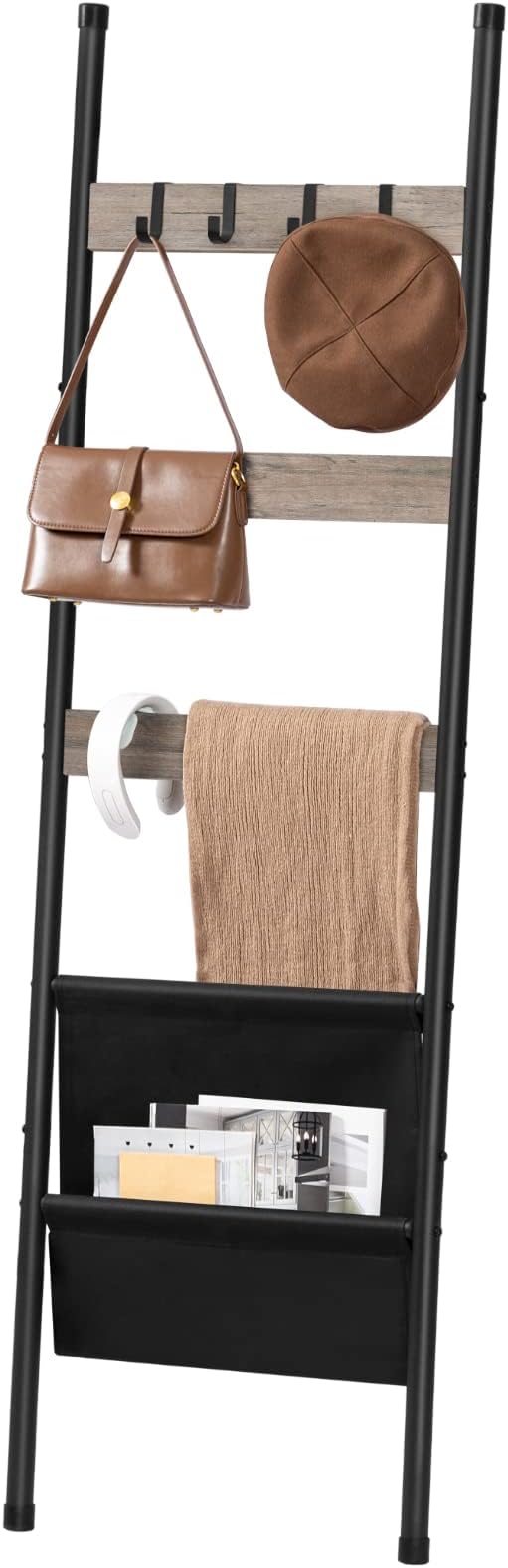 HOOBRO Blanket Ladder, 5 Tier Towel Rack, 17.3" L x 63" H, Wall-Leaning Blanket Rack for Living Room, Decorative Ladder with 4 Hooks and Magazine Pocket, Greige BG32CJ01
