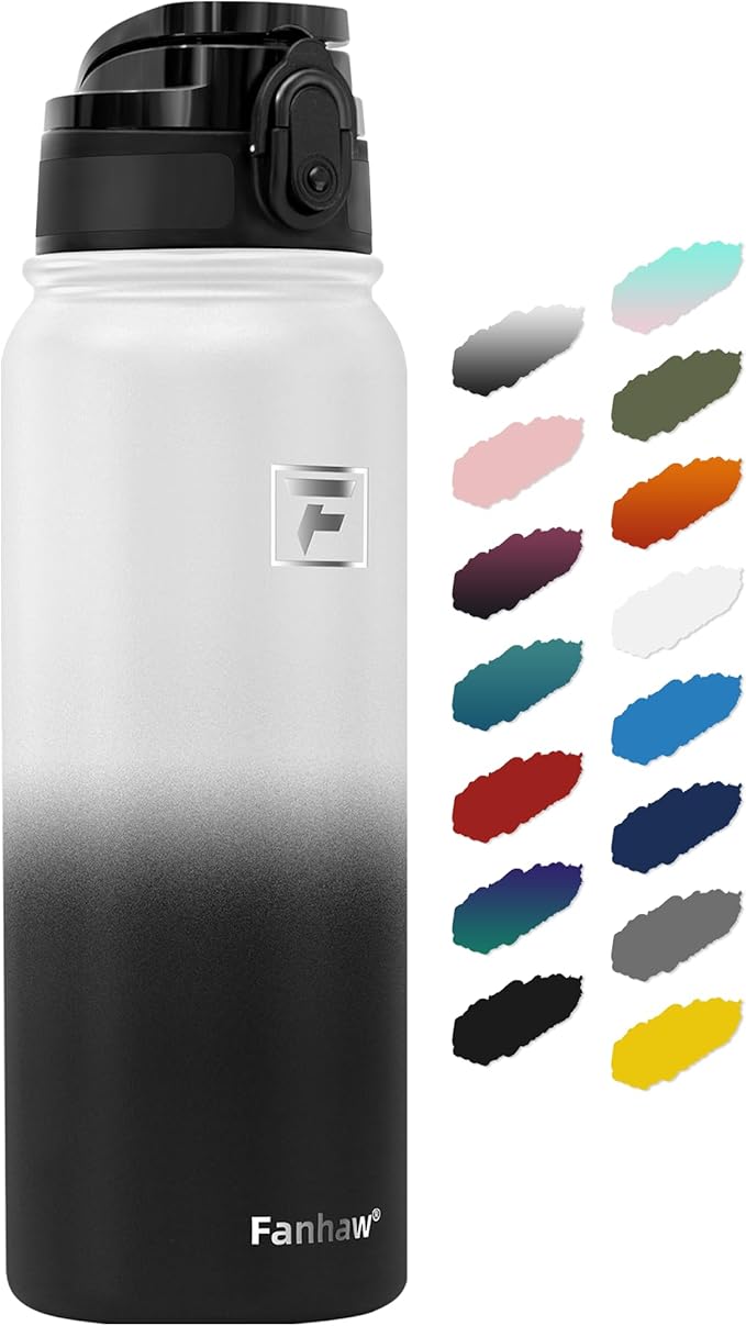 Fanhaw 20 oz Insulated Stainless Steel Water Bottle with Anti-Dust Chug Lid, Leakproof Vacuum Metal Bottle for Kids, Women & Men (White Black)