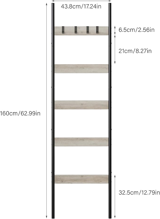 Blanket Ladder, 5-Tier Towel Holder with 4 Removable Hooks, Farmhouse Wall Leaning Decorative Rack Shelf, Wooden Towel Display Rack, Quilt Ladder for Living Room, Bedroom, Greige