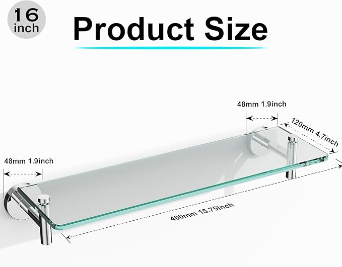 Glass Shelves for Bathroom,16-Inch Chrome Polished Floating Bathroom Shelf Stainless Steel Tempered Glass Shelf Modern Shelves Wall Mounted