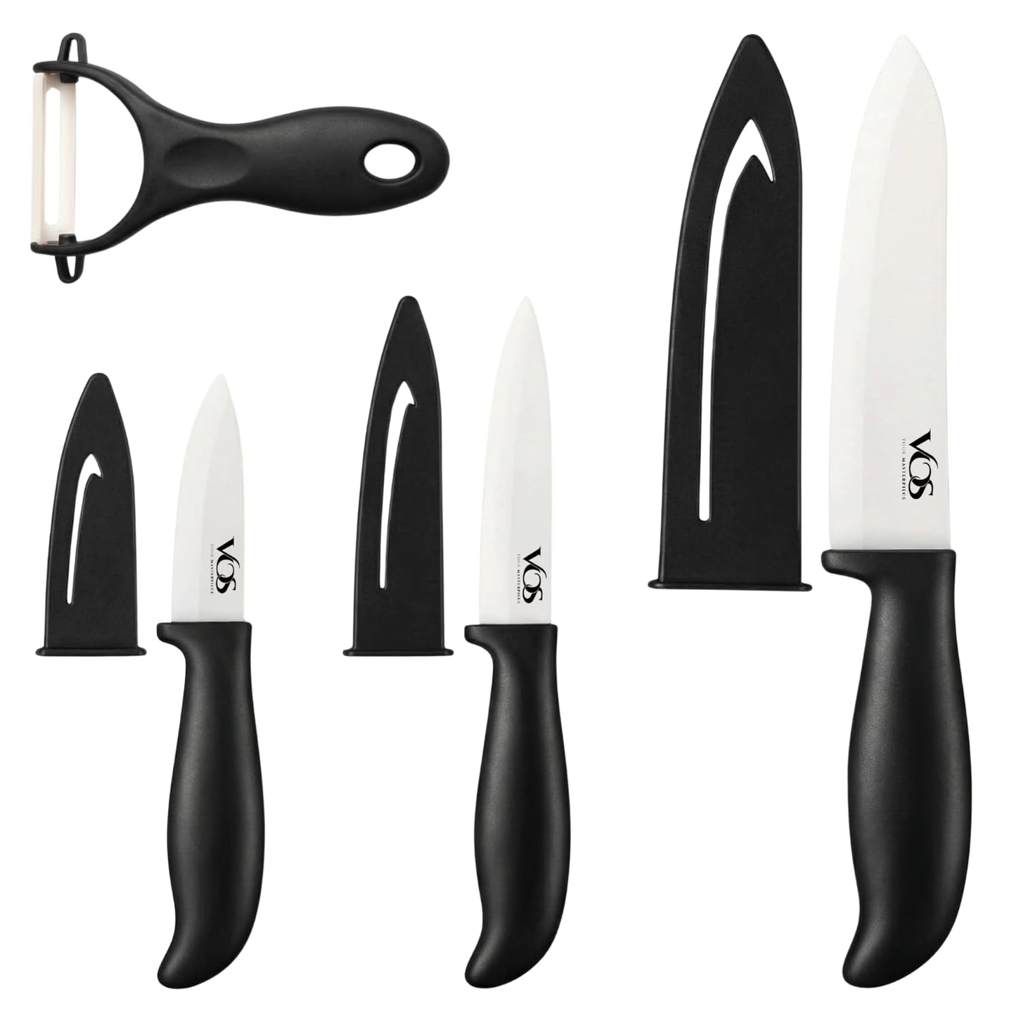 Vos Ceramic Knife Set in Elegant Gift Box, Ceramic Knives Set For Kitchen, Ultra Sharp Kitchen Knife Set with Covers, 4" 5" 6" Paring, Santoku & Chef Knife, Lightweight, Dishwasher safe (Black Handle)