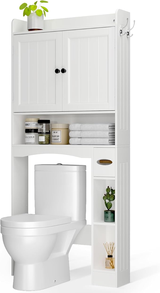 Ahomly Over The Toilet Storage Cabinet, 32.3" W Over Toilet Bathroom Organizer with Doors, Adjustable Shelves, Toilet Paper Holder, 2 Side Hooks, Space-Saver for Bathroom, Laundry, White