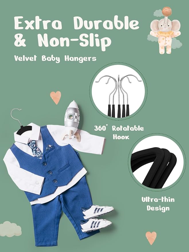 HOUSE DAY 11 Inch Velvet Baby Hangers 50 Pack Black, Premium Kids Hangers for Children/Infant/Toddler Clothes, Durable Non Slip Small Baby Felt Hanger for Closet, Ideal for Everyday Use