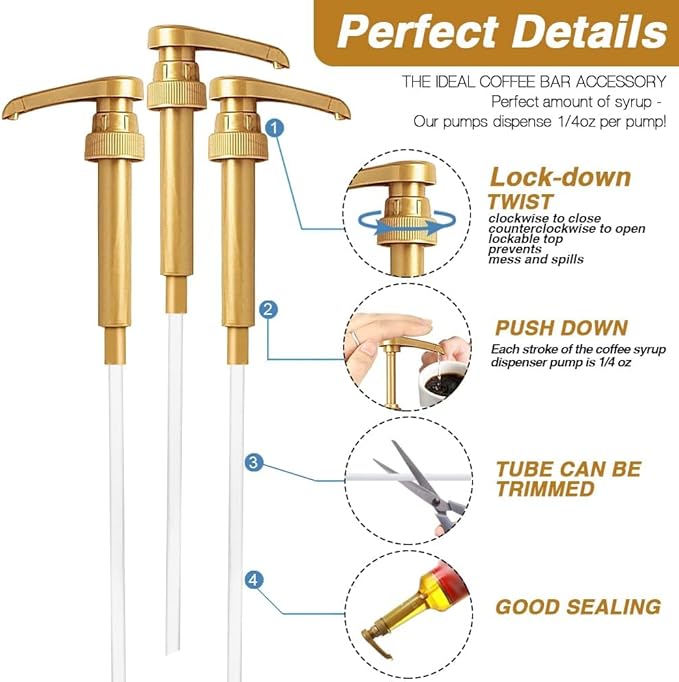 12 Pcs Syrup Pumps Dispenser, Compatible with 25.4 Oz/750ml Bottles, Great for Home & Coffee Bar Drinking Mixes, Tea, Beverage, Cocktails, Plus Spoons(Gold 5.23")